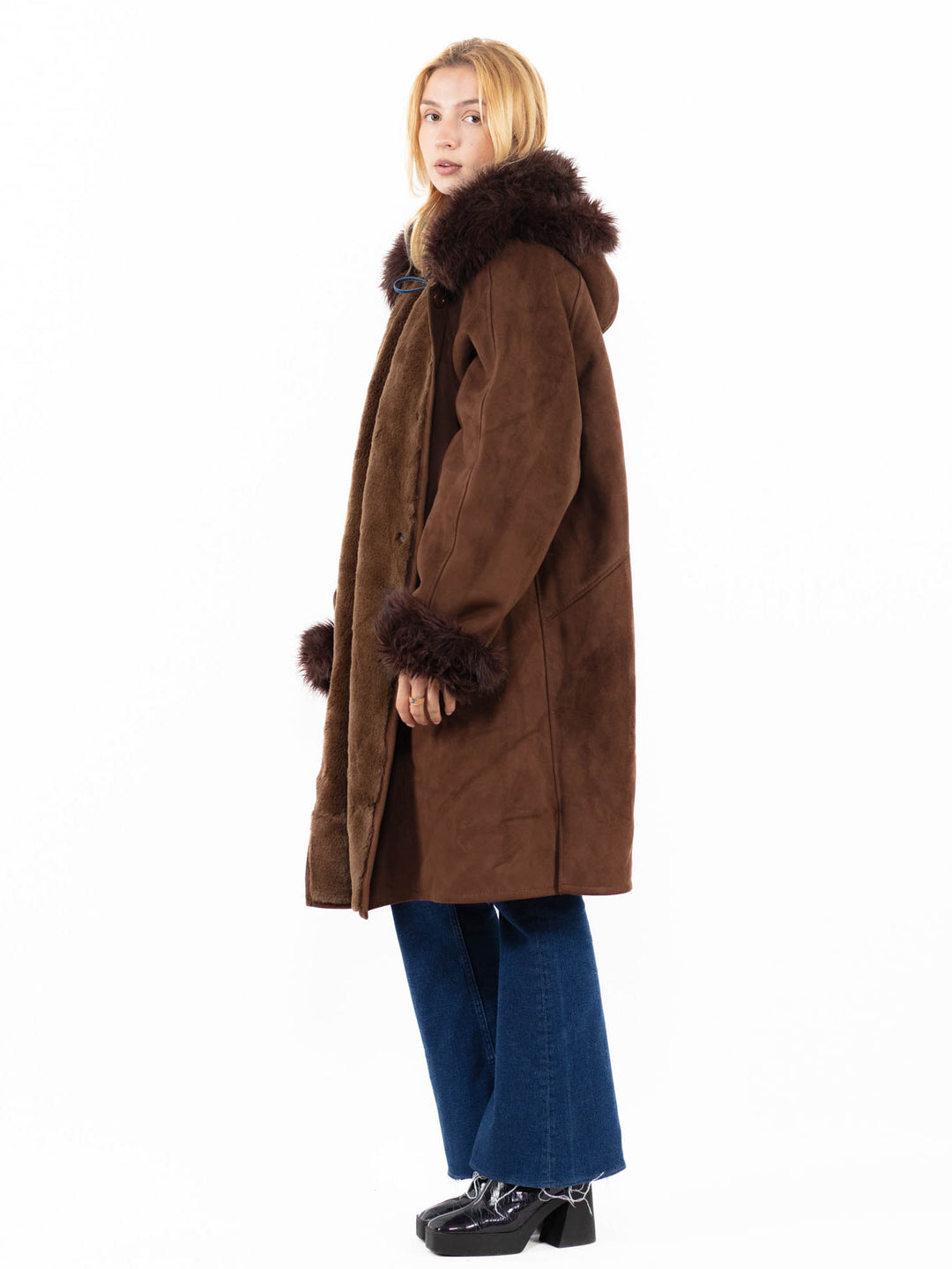 Vintage 00's Women Faux Sheepskin Coat in BrownA0120