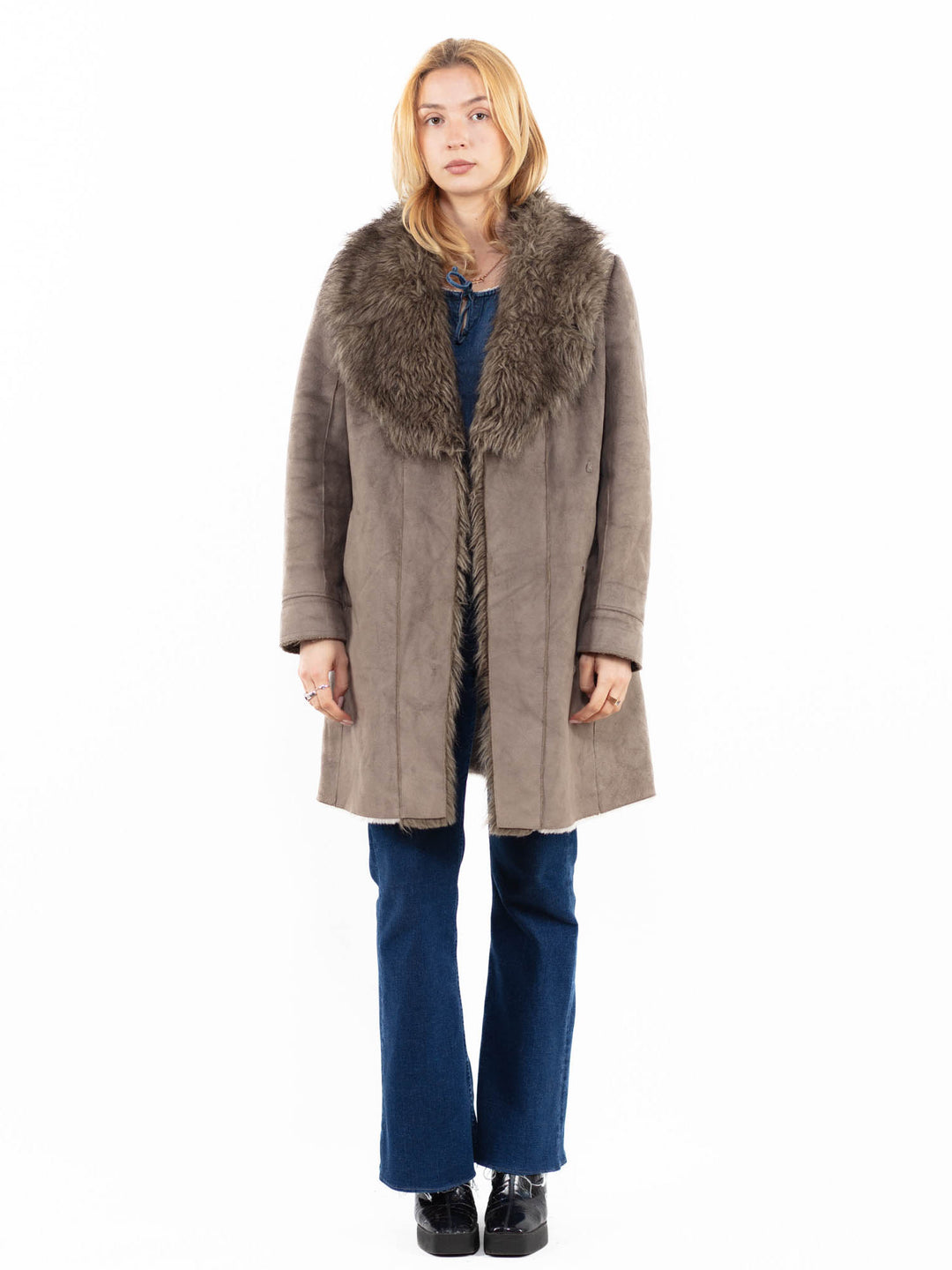 Vintage 00's Women Faux Sheepskin Coat in GrayA0121