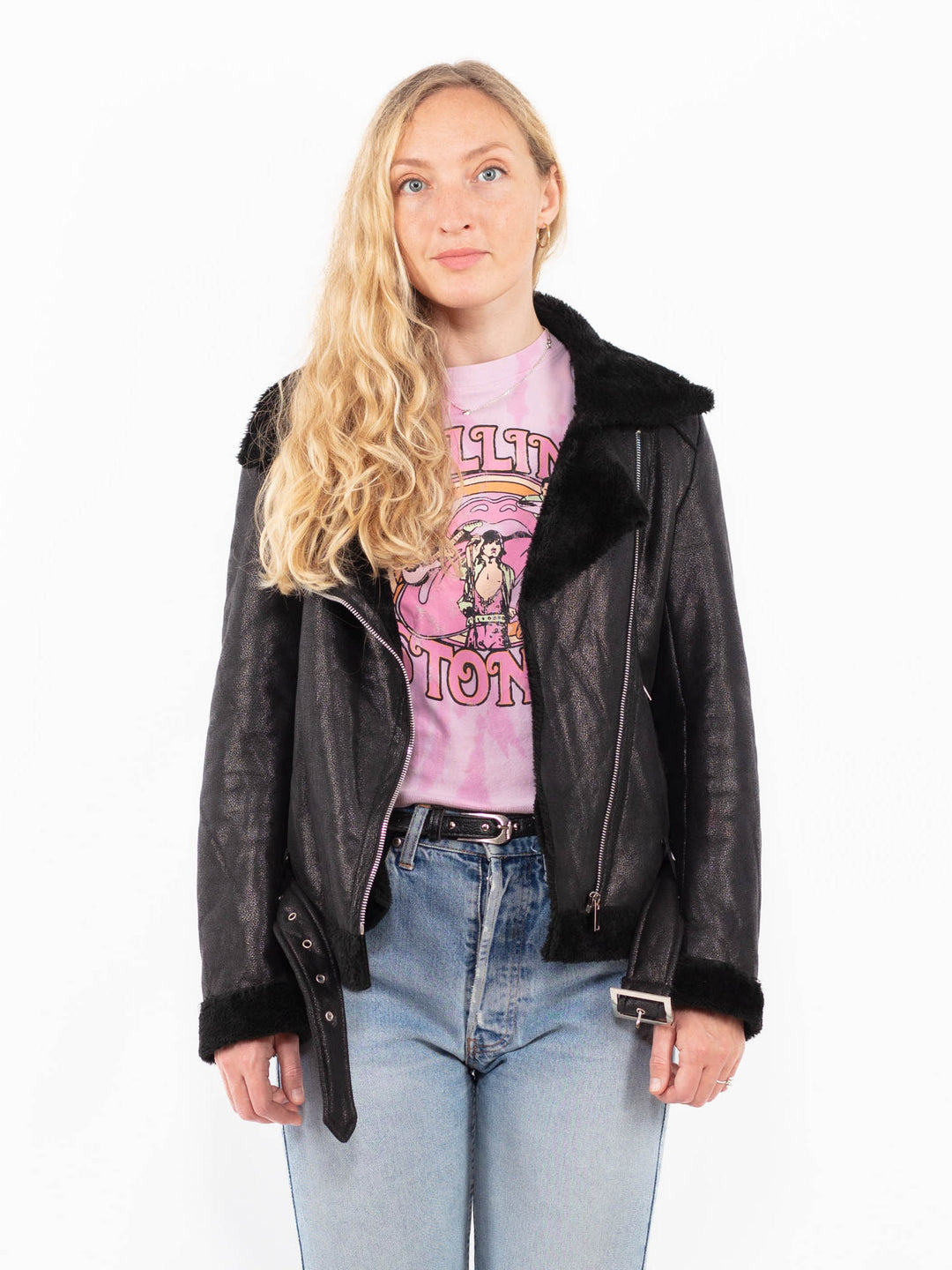 Vintage 00's Women Faux Sheepskin in BlackA0543