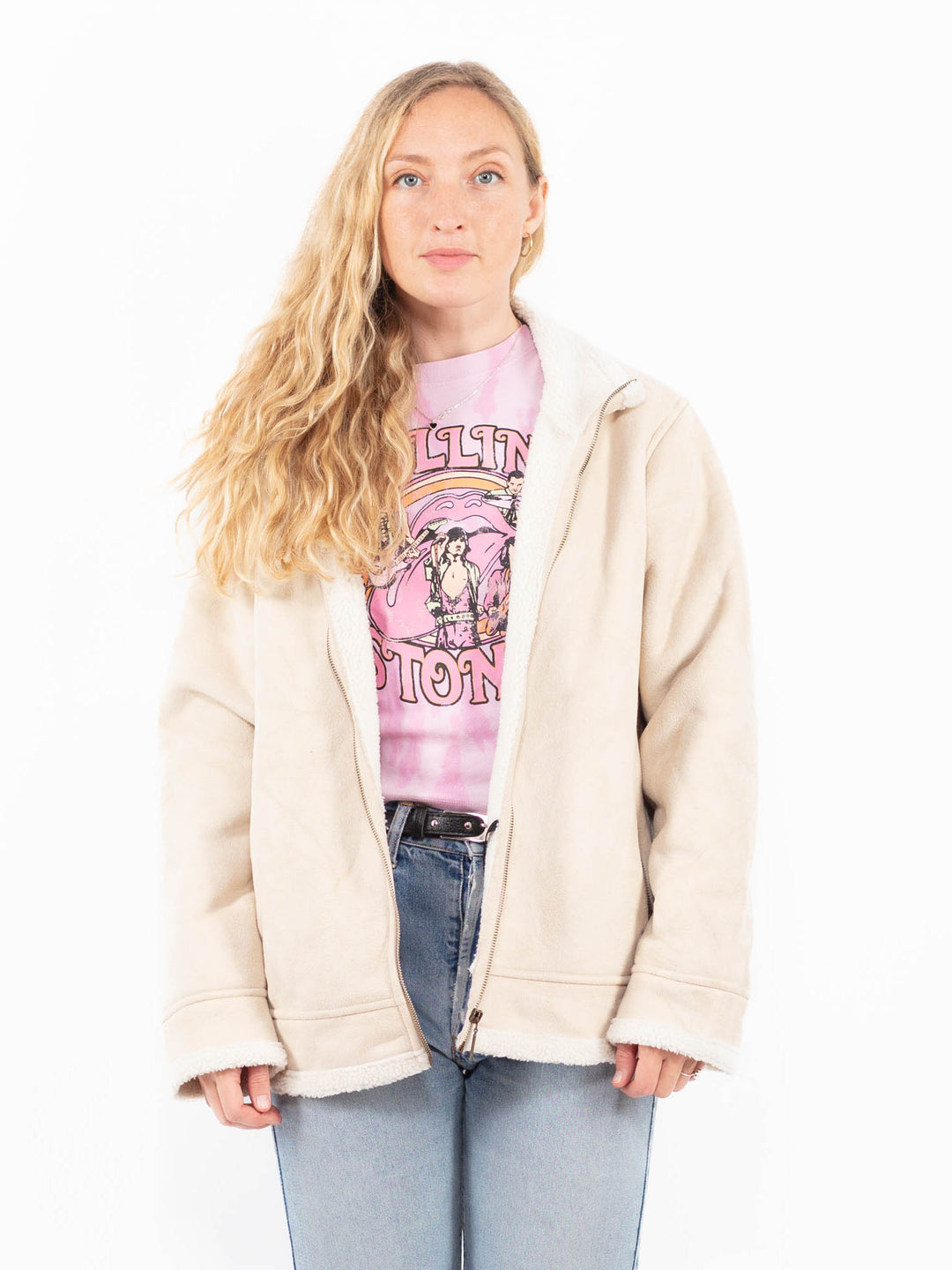 Vintage 00's Women Faux Sheepskin Jacket in BeigeA0554