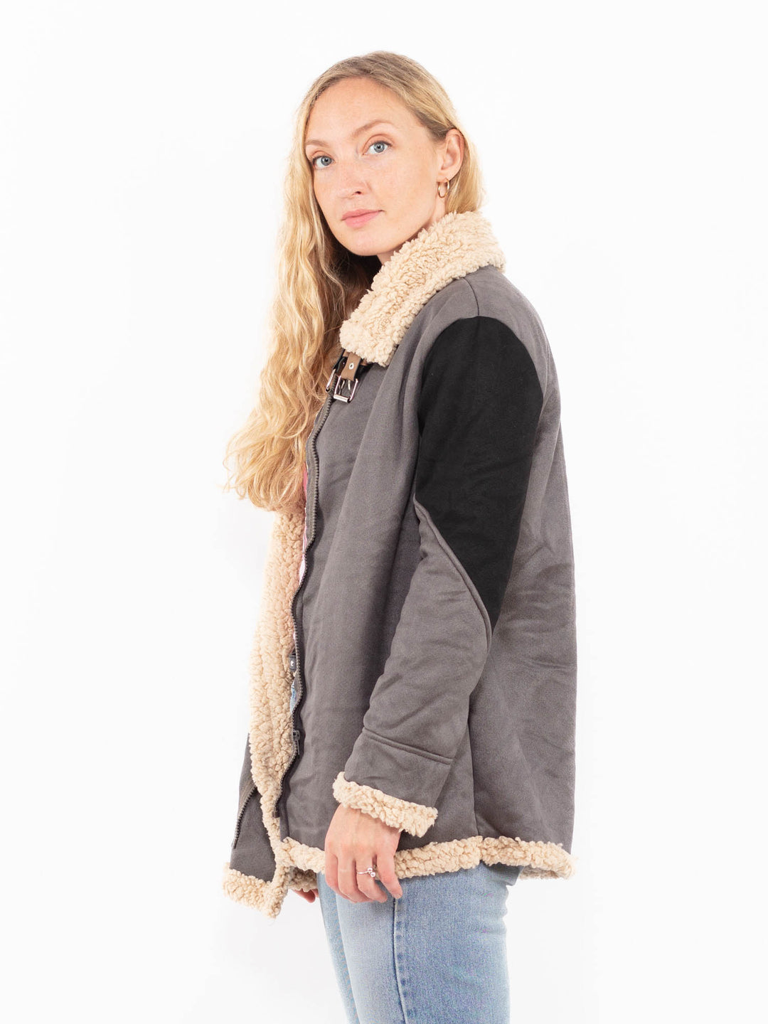 Vintage 00's Women Faux Sheepskin Jacket in GrayA0555