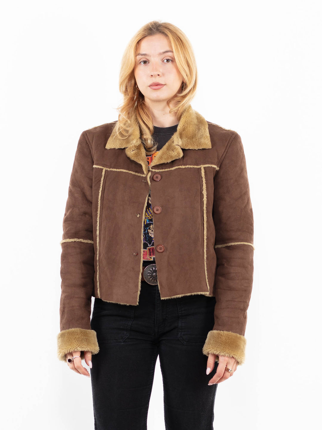 Vintage 00's Women Faux Sheepskin Jacket in BrownA0210