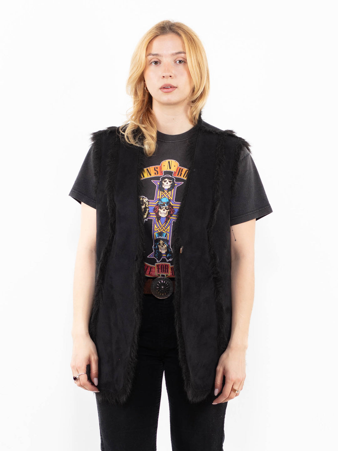 Vintage 00's Women Faux Sheepskin Vest in BlackA0237