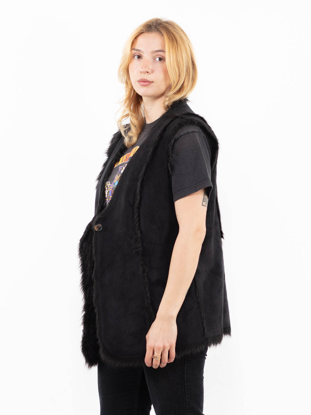 Vintage 00's Women Faux Sheepskin Vest in BlackA0237