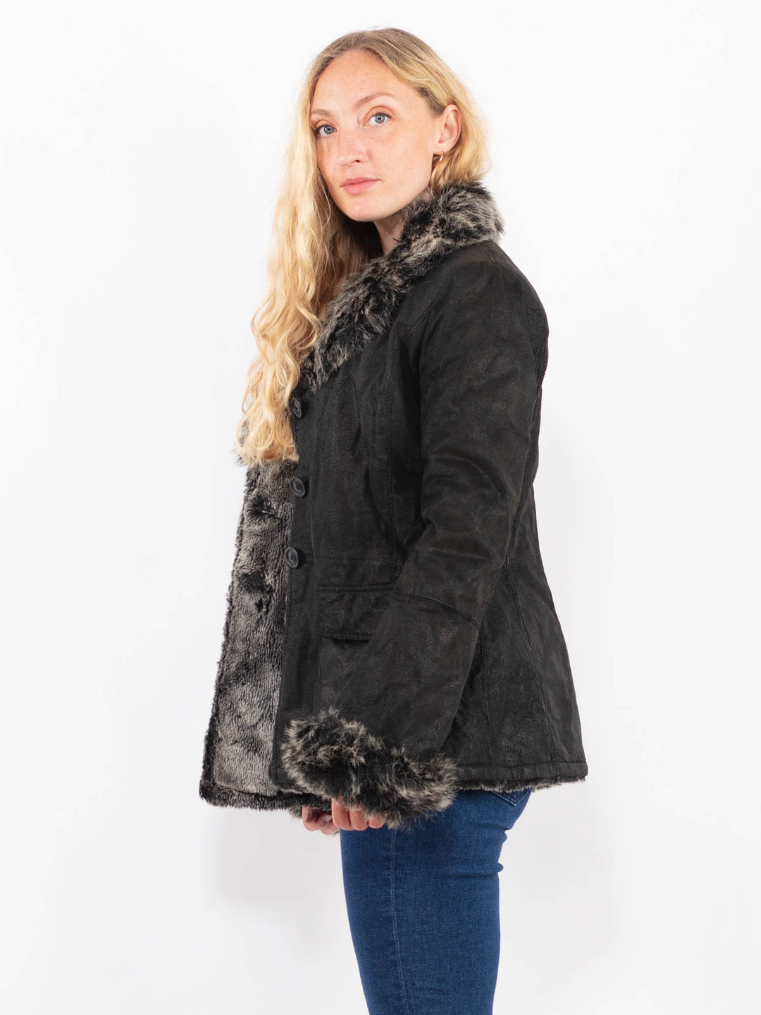 Vintage 00's Women Suede Sherpa Jacket in BlackA0444