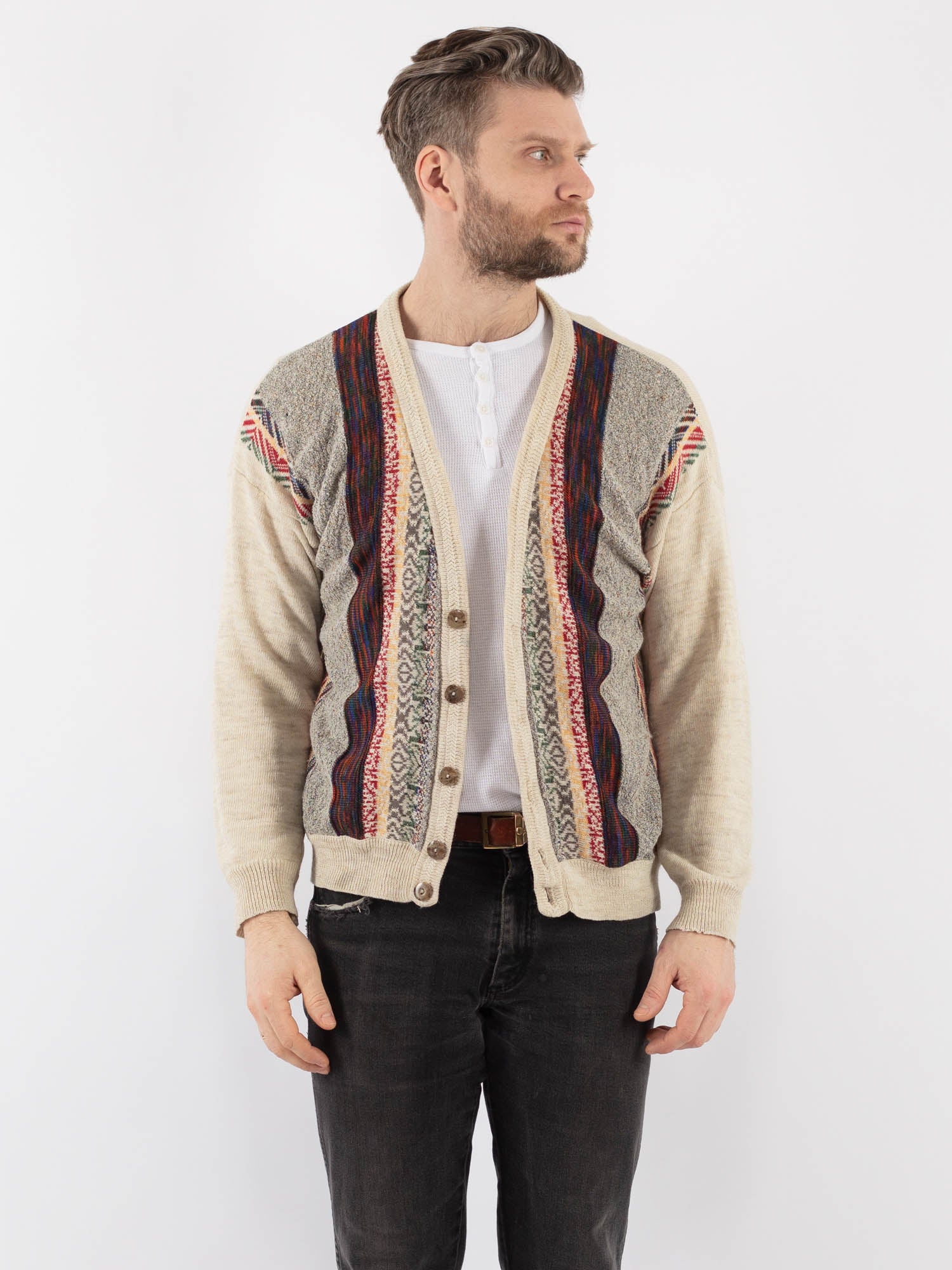 Vintage 70's men's tan gray & white striped sweater M main image 0