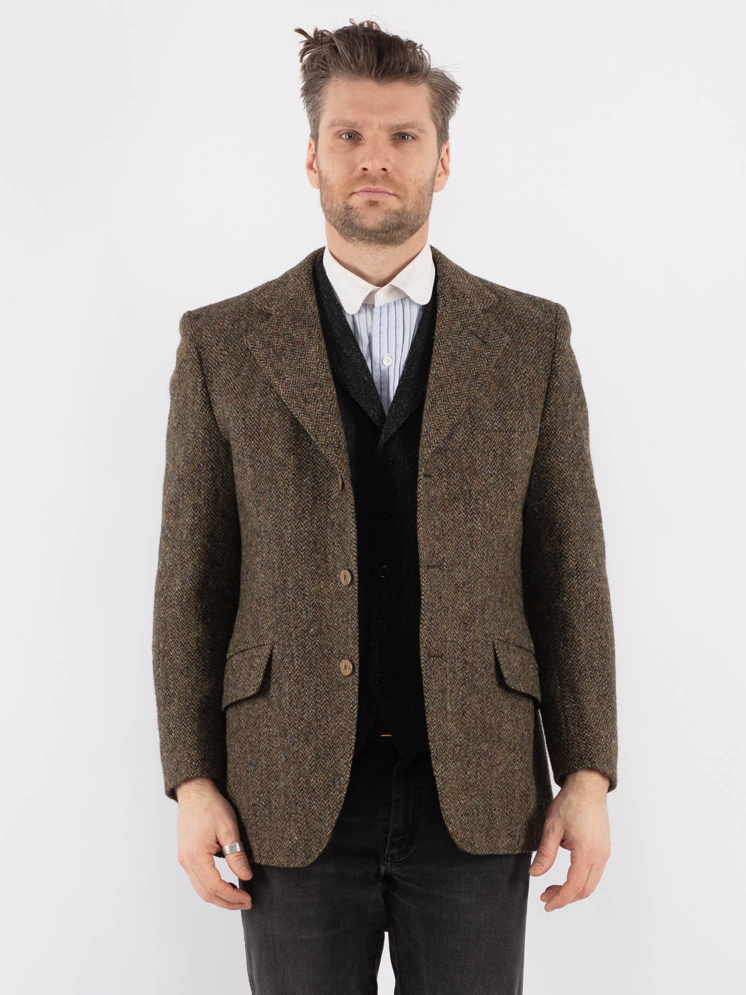 70'S Harris Tweed Wool Chesterfield Coat, Men's Size L, Vintage /evb009731