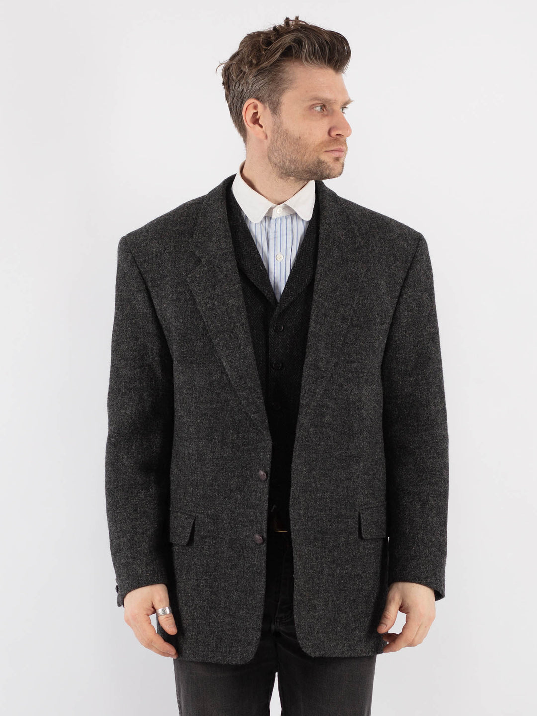 Vintage 70's Men Harris Tweed Jacket in GrayZ724