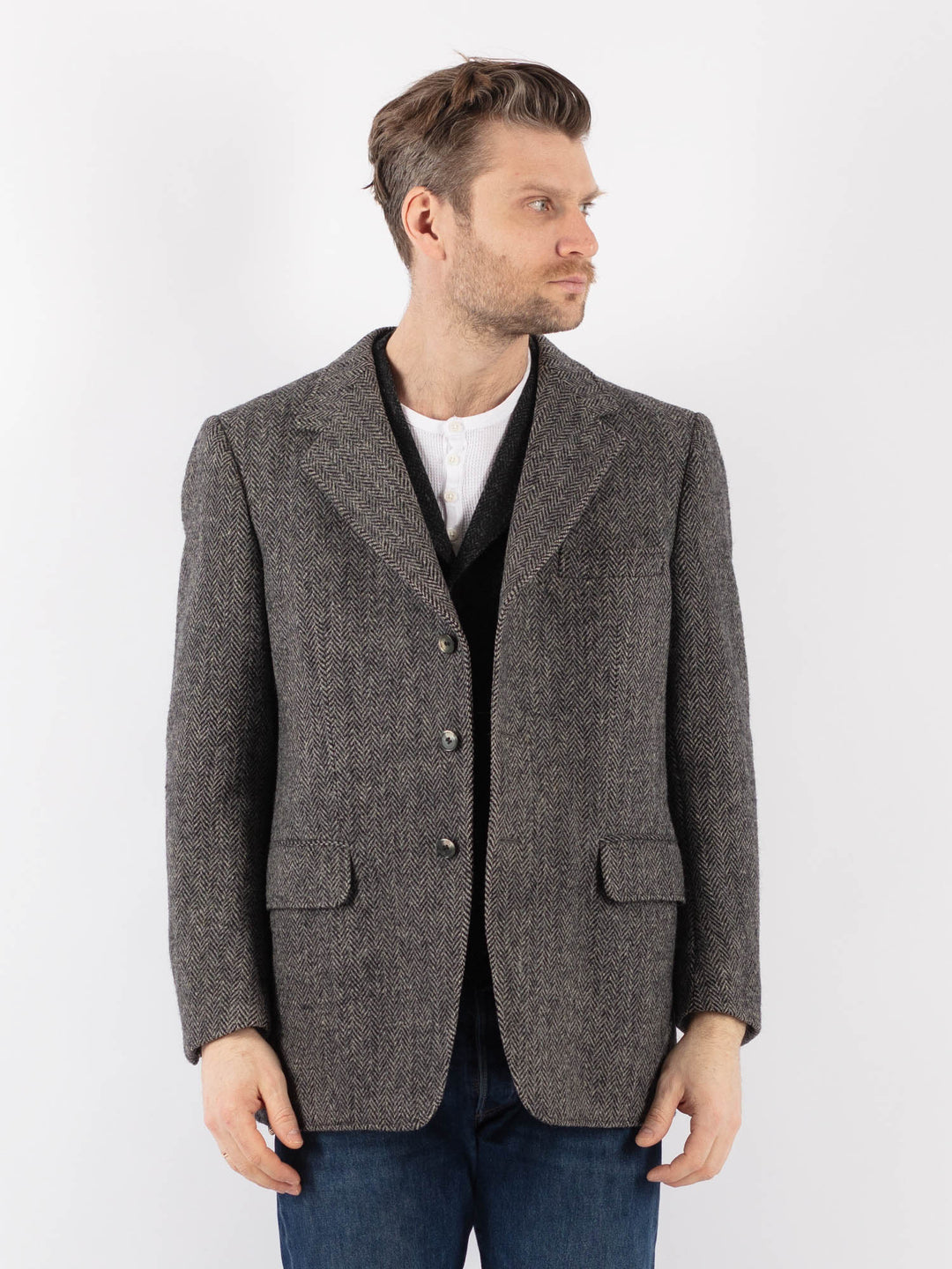Vintage 70's Men Harris Wool Jacket in GrayZ1196
