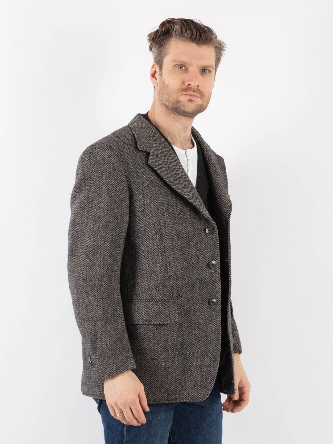 Vintage 70's Men Harris Wool Jacket in GrayZ1196
