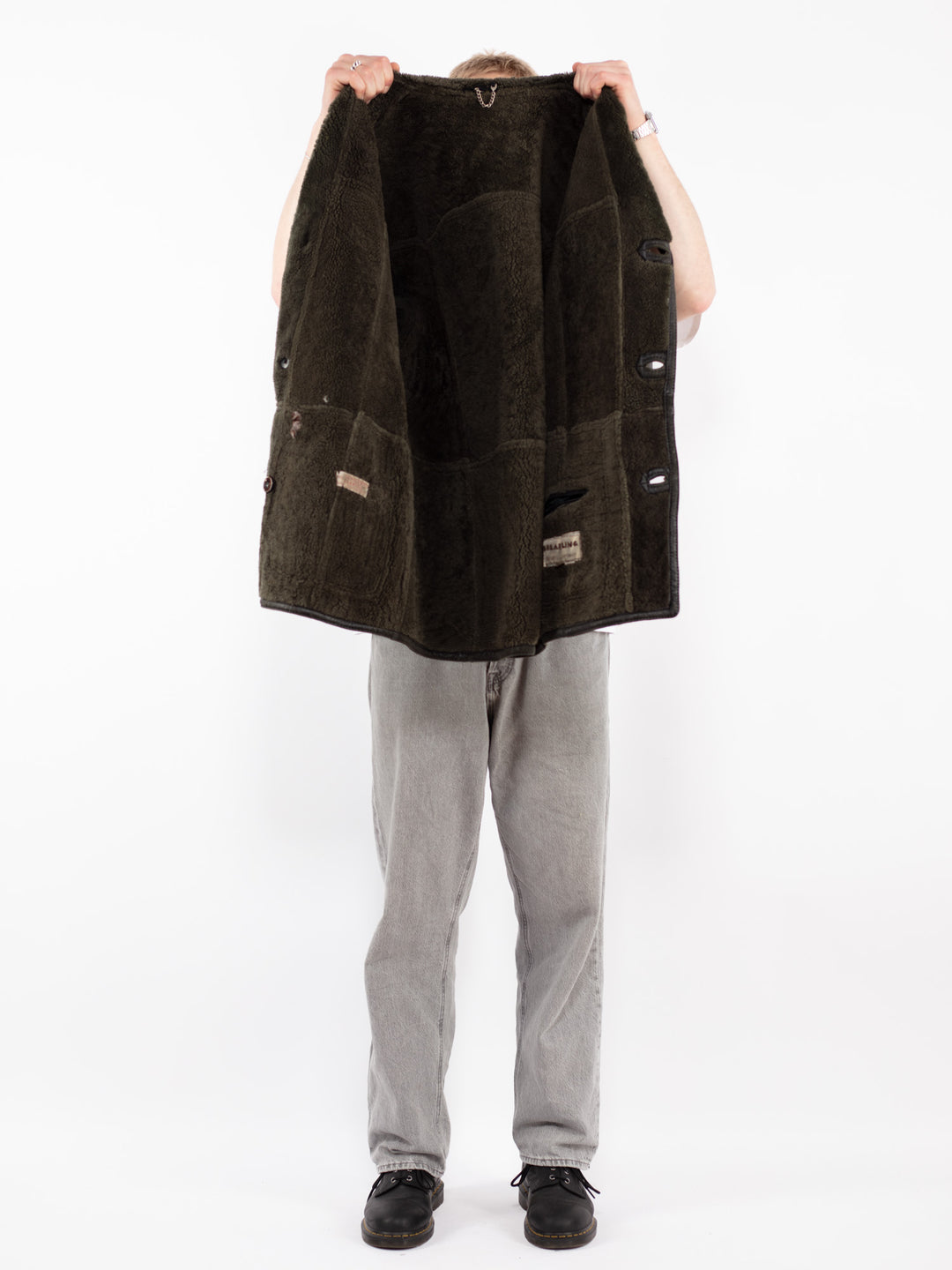 Vintage 70's Men Sheepskin Shearling Coat in Green