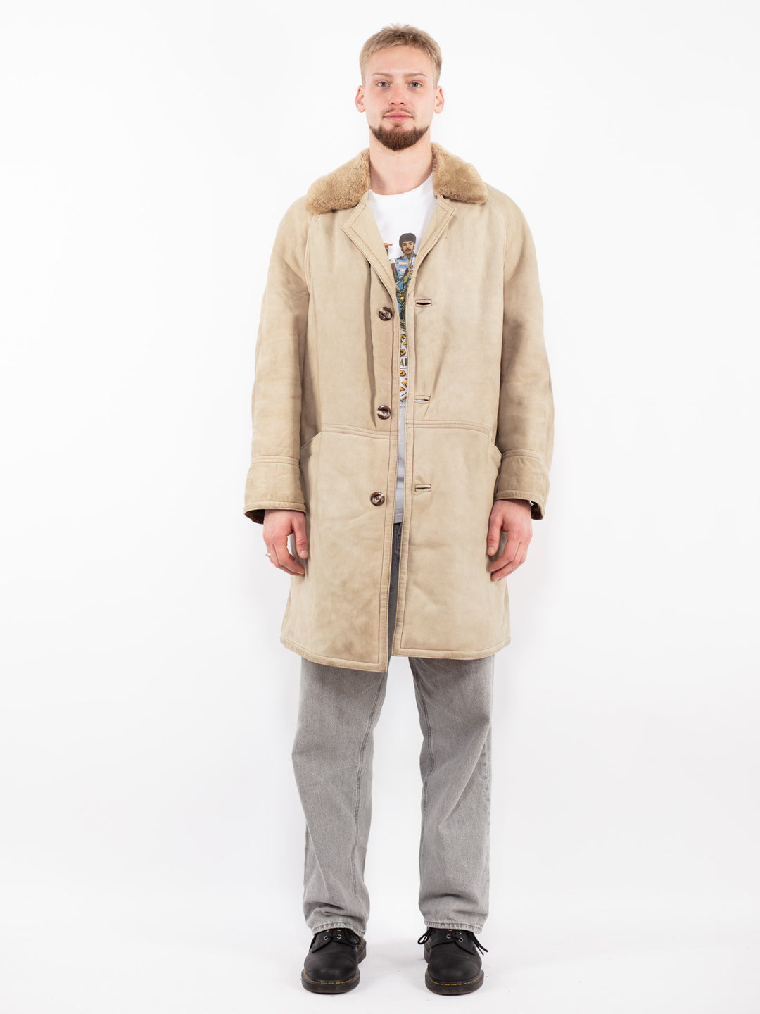 Vintage 70's Men Sheepskin Coat in Beige