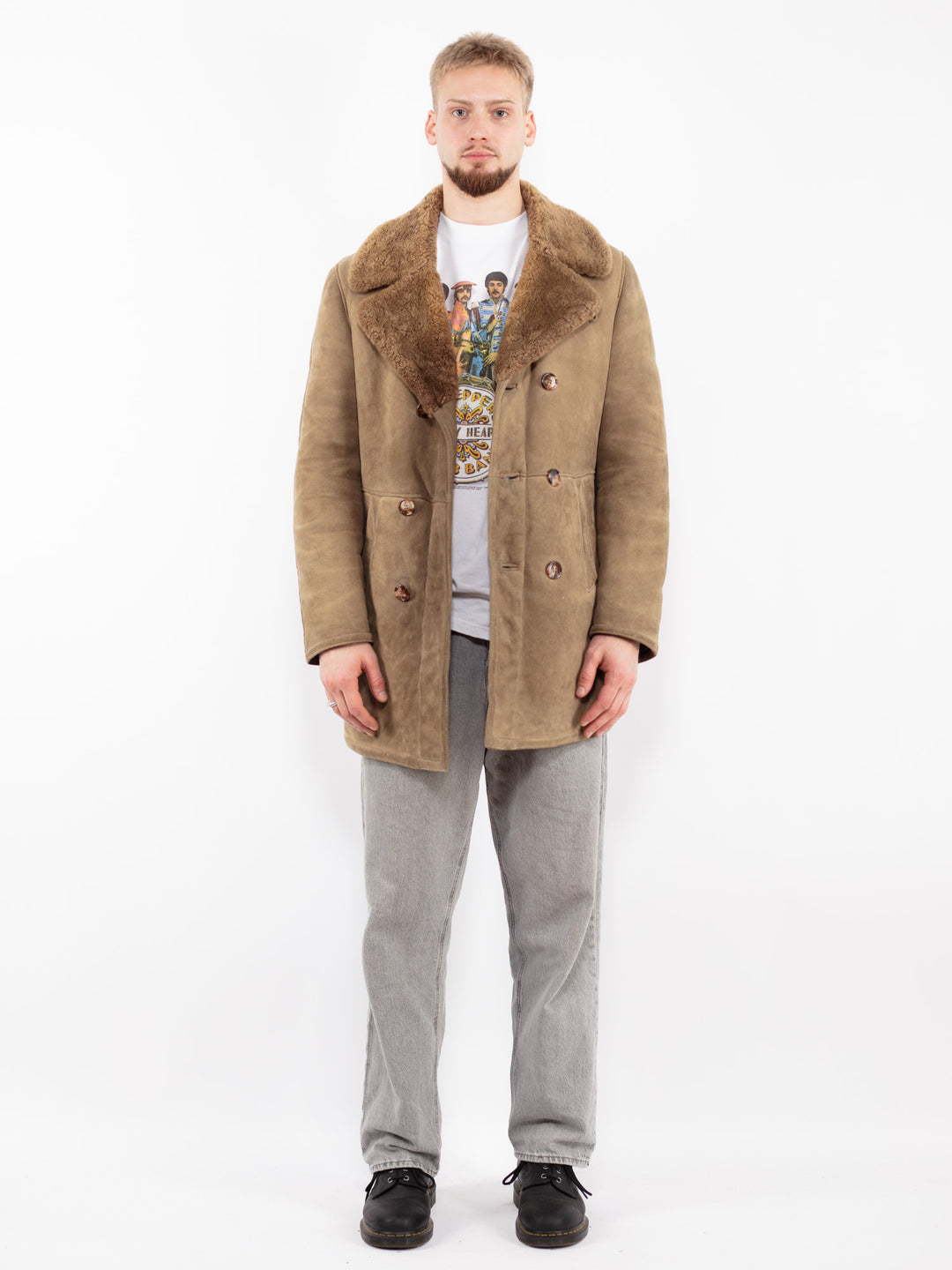 Vintage 70's Men Sheepskin Coat in Beige