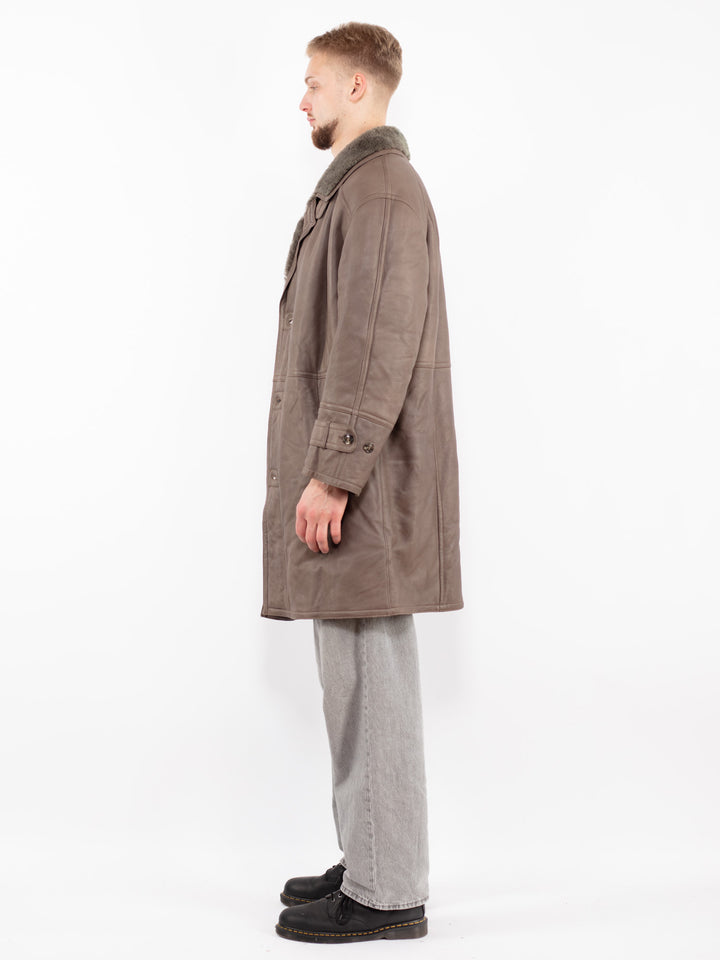 Vintage 70's Men Sheepskin Leather Coat in Brown