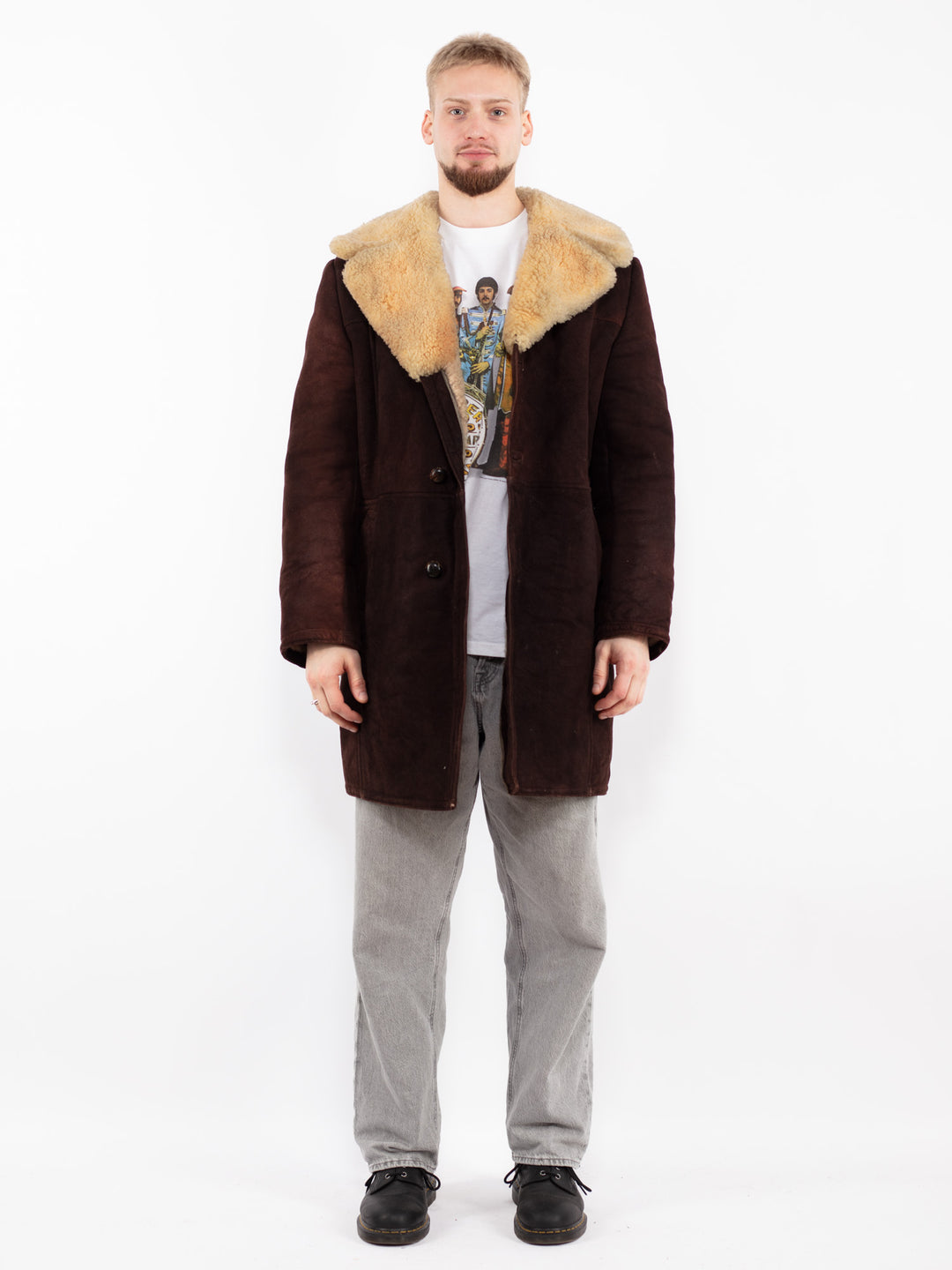 Vintage 70's Men Sheepskin Shearling Coat in Brown