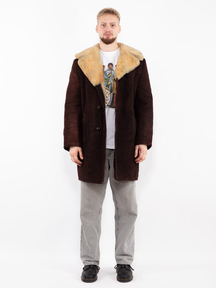Vintage 70's Men Sheepskin Shearling Coat in Brown