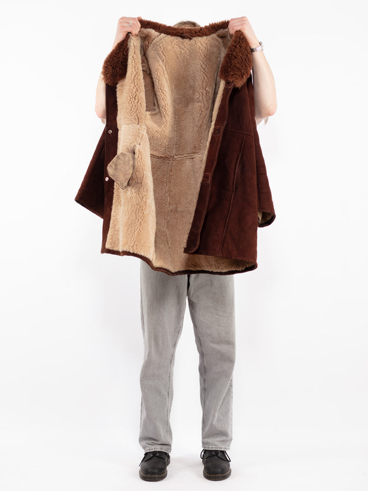 Vintage 70's Men Sheepskin Shearling Coat in Brown