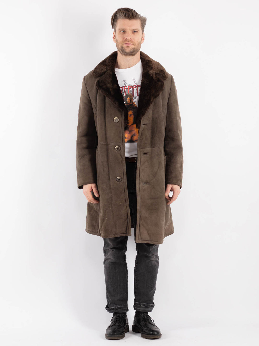 Vintage 70's Men Sheepskin Coat in GrayZ469