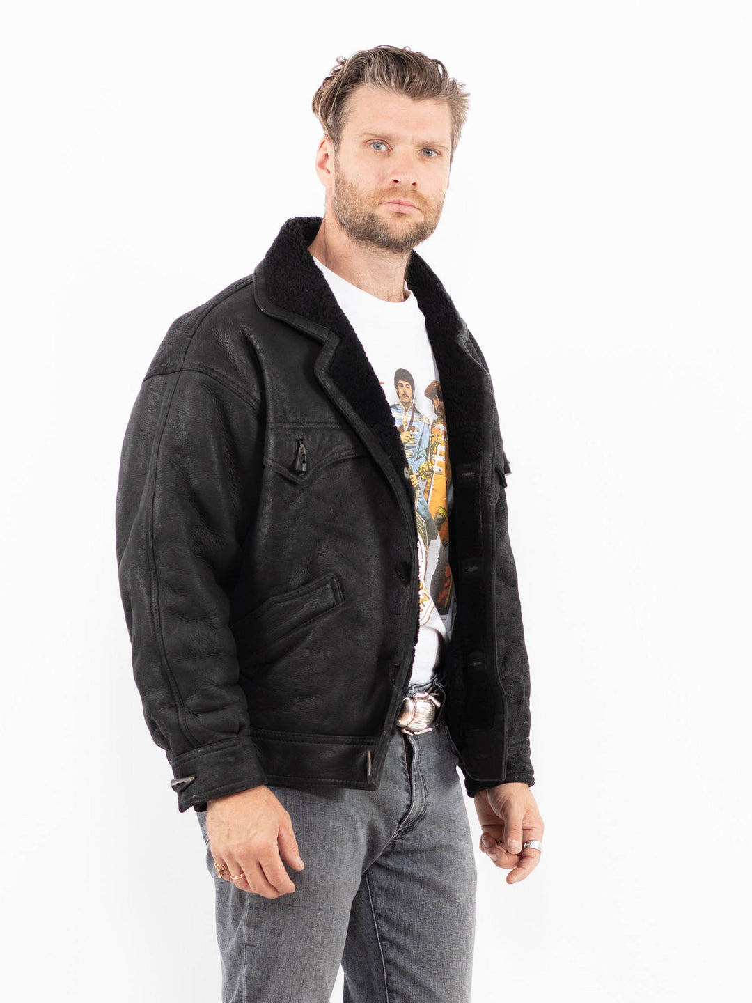 Vintage 70's Men Sheepskin Jacket in BlackZ2005