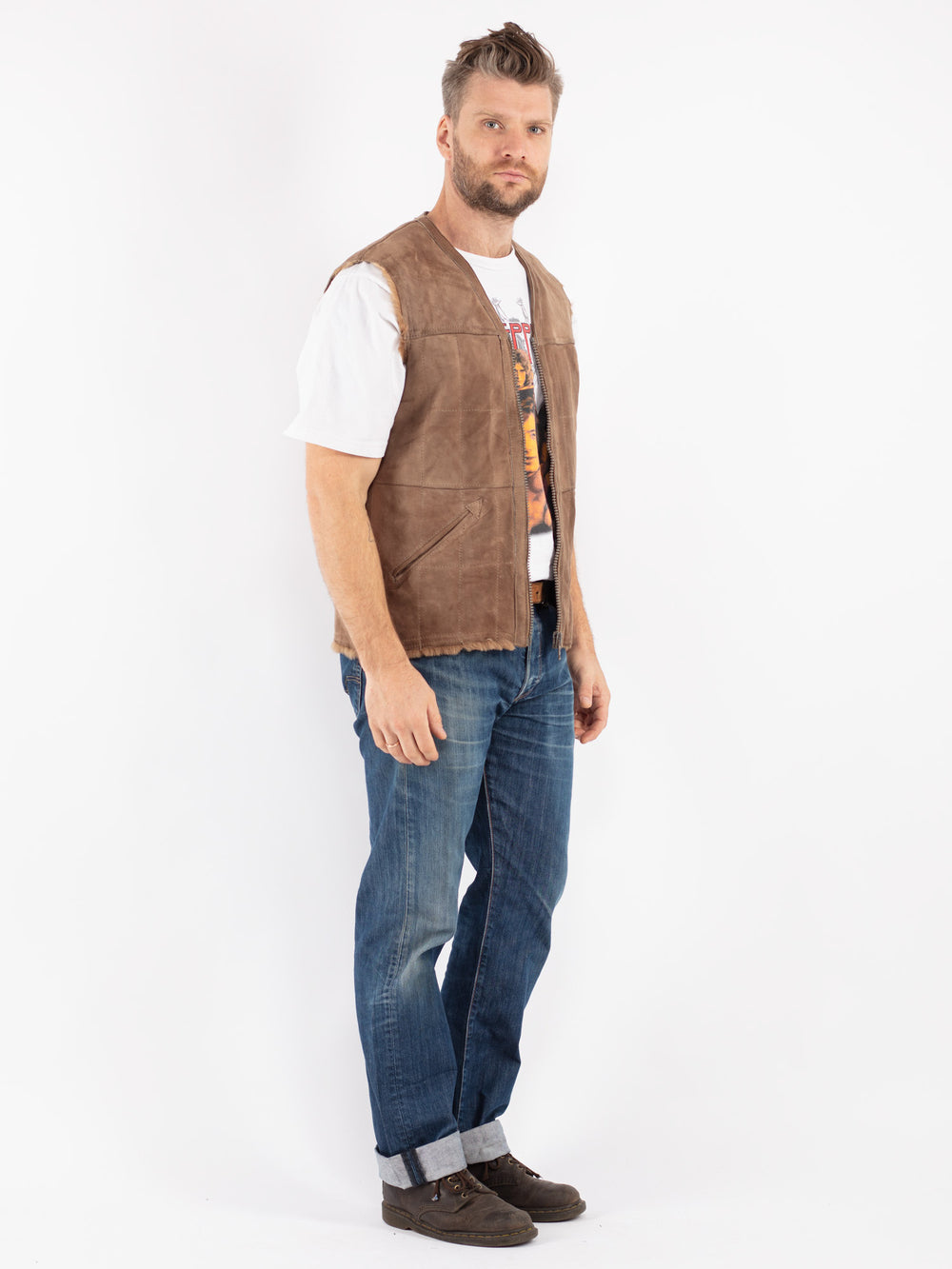 Vintage 70's Men Sheepskin Vest in Beige