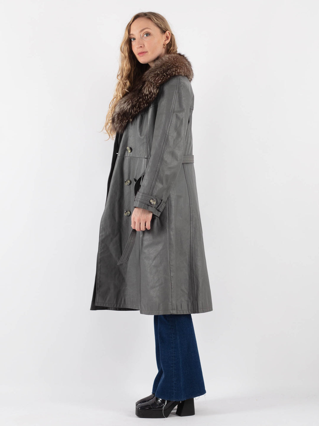 Vintage 70's Women Leather Coat in GrayV9422