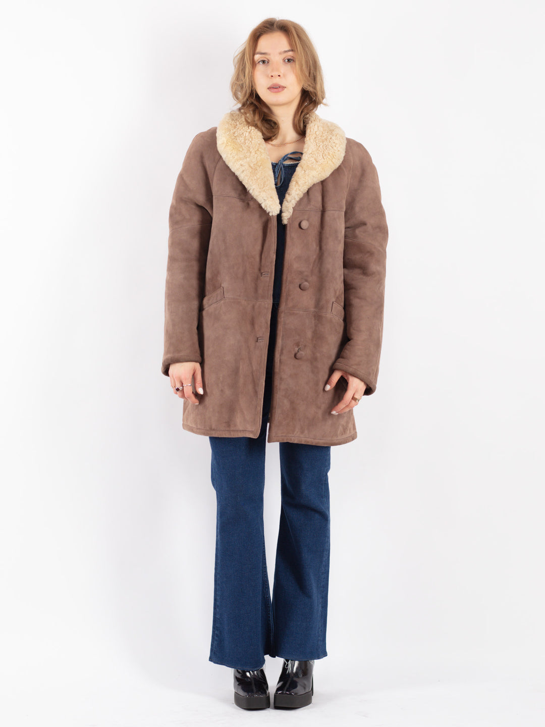 Vintage 70's Women Sheepskin Coat in Beige