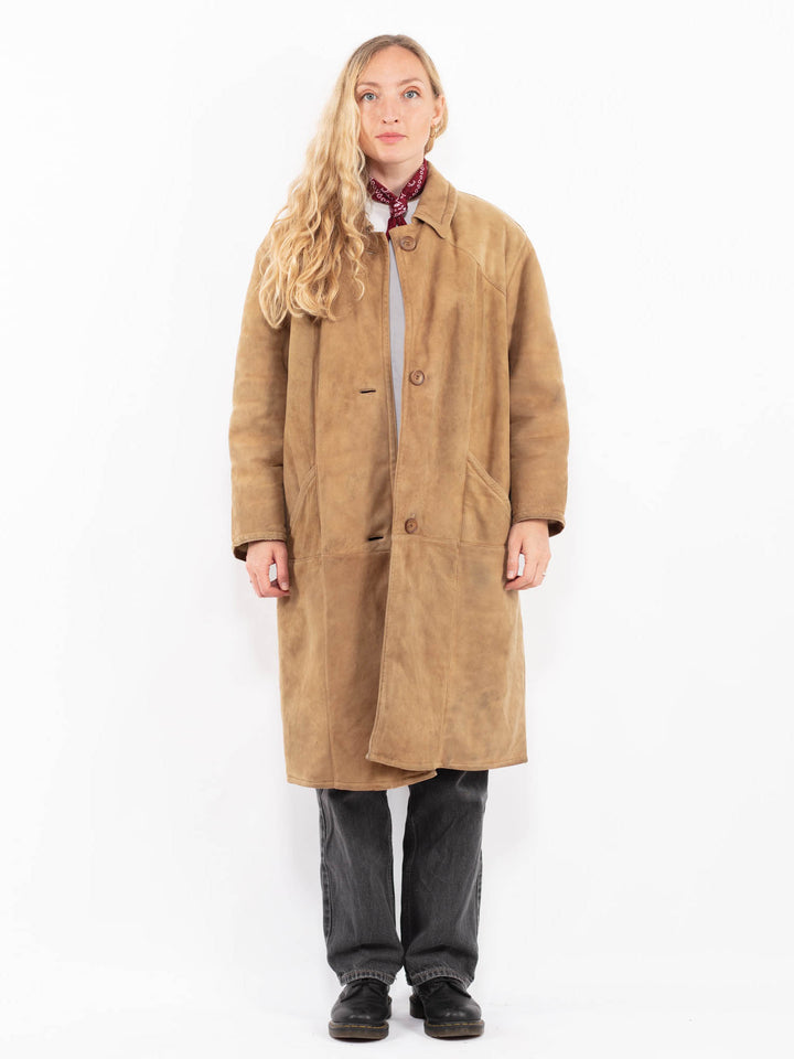 Vintage 70's Women Sheepskin Long Coat in Sand Beige