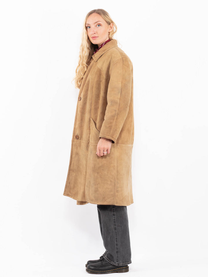 Vintage 70's Women Sheepskin Long Coat in Sand Beige