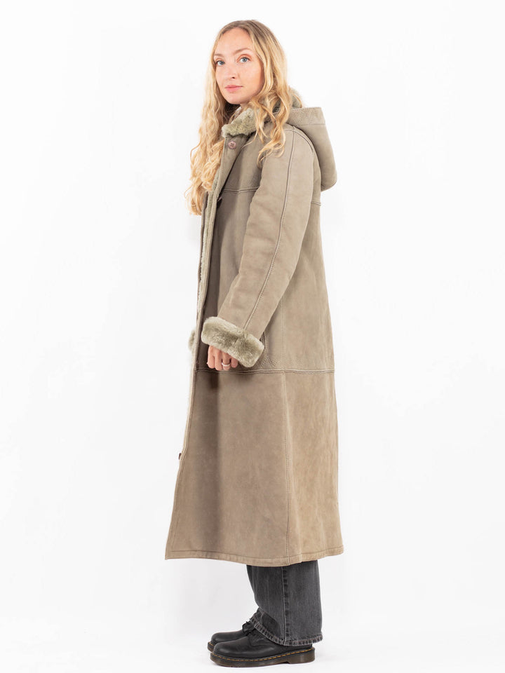 Vintage 70's Women Hooded Sheepskin Coat in Sage Green