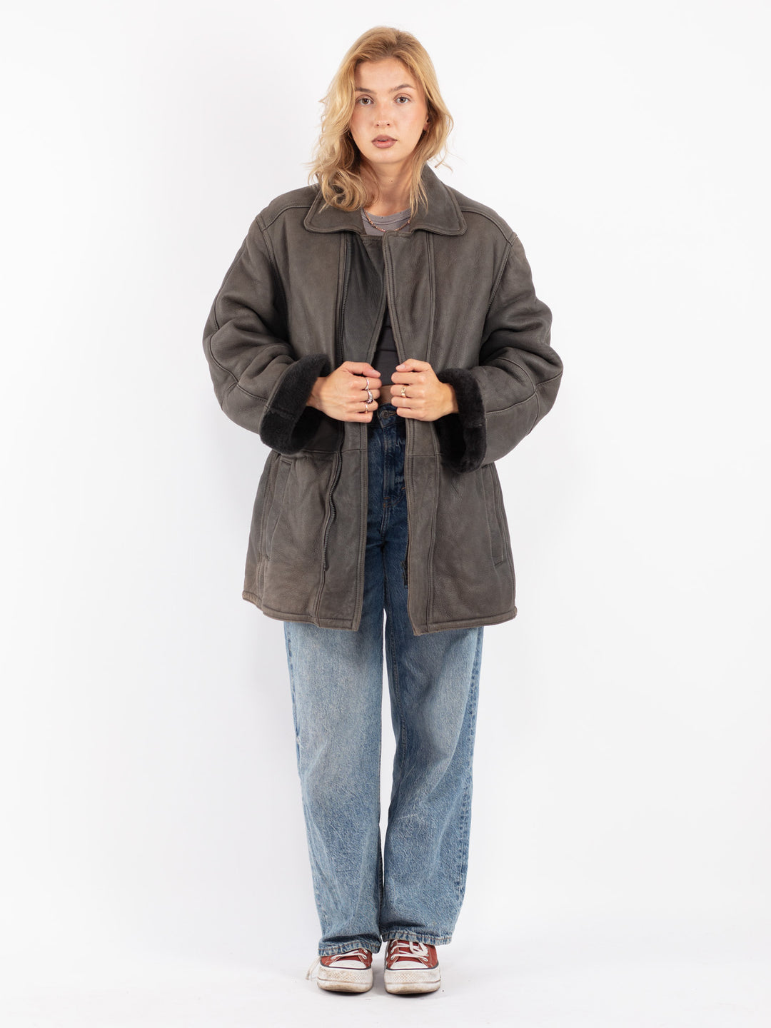 Vintage 70's Women Sheepskin Coat in Gray