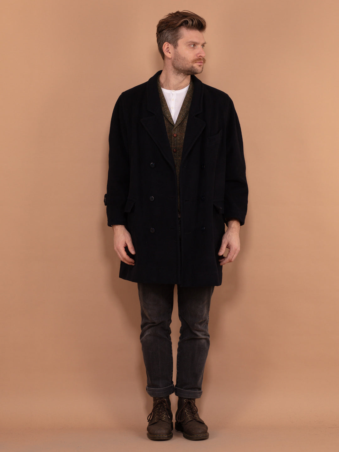 Vintage 80's Men Cashmere Wool Blend Coat in Navy Blue - NorthernGrip