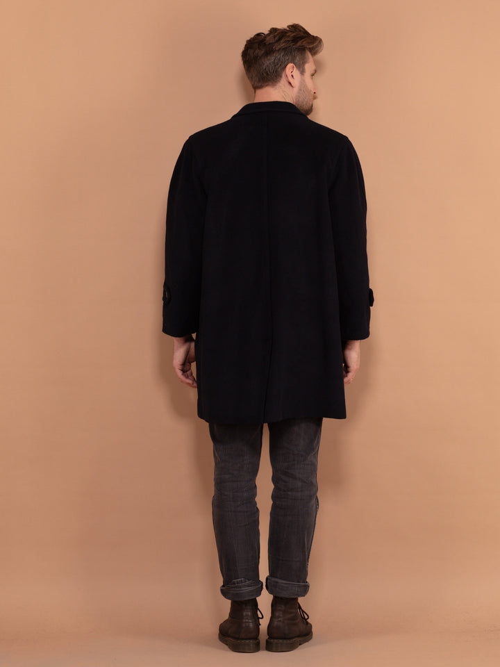 Vintage 80's Men Cashmere Wool Blend Coat in Navy Blue - NorthernGrip