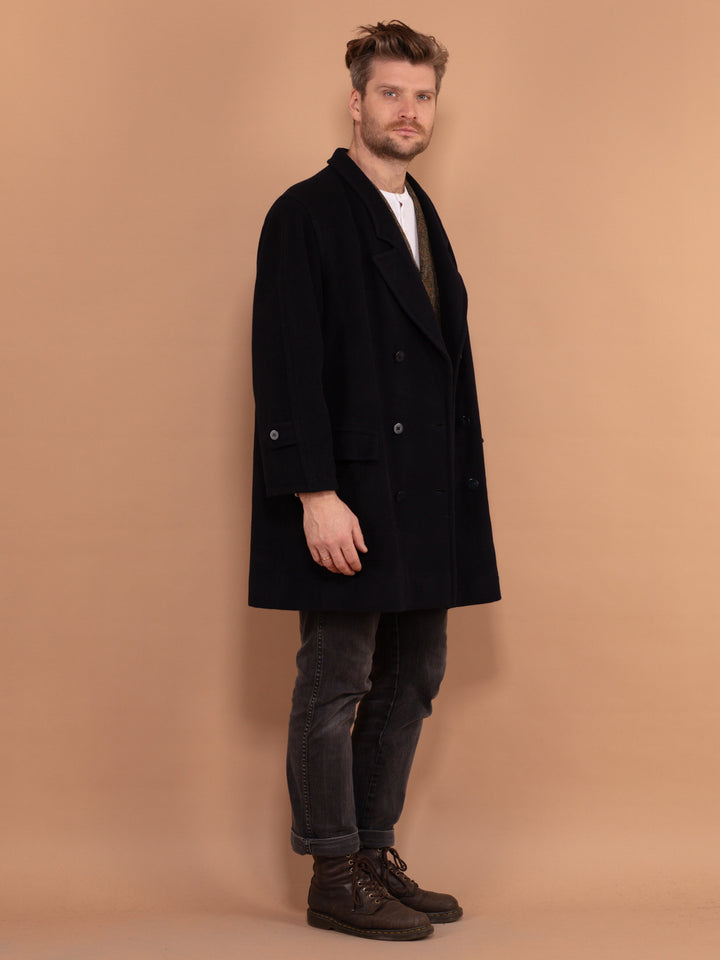 Vintage 80's Men Cashmere Wool Blend Coat in Navy Blue - NorthernGrip