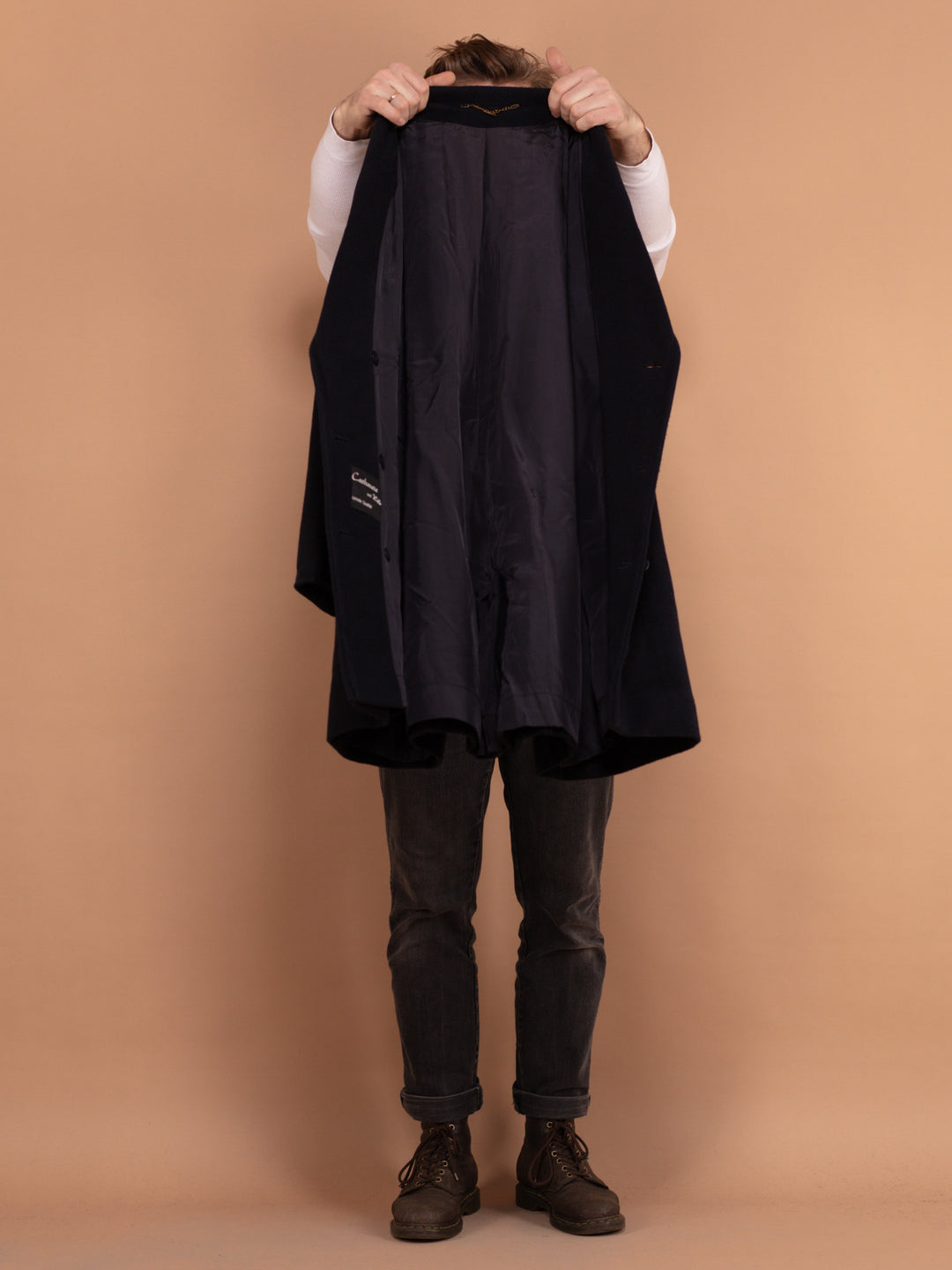 Vintage 80's Men Cashmere Wool Blend Coat in Navy Blue - NorthernGrip