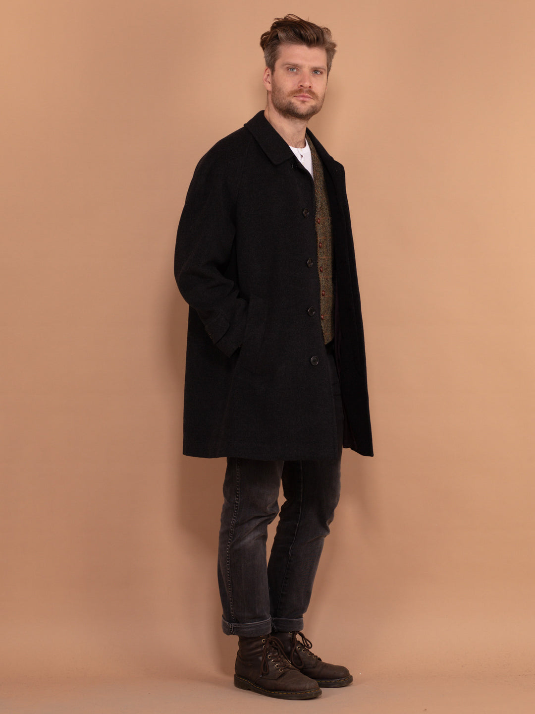 Vintage 80's Men Cashmere Wool Blend Coat in Dark Grey - NorthernGrip