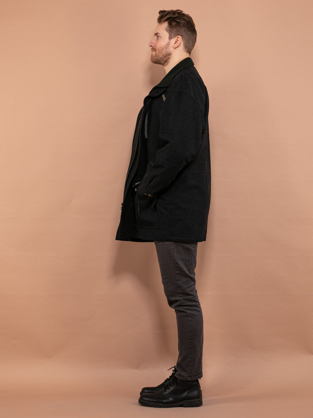 Vintage 80's Men Loden Wool Blend Coat in Dark Gray - NorthernGrip