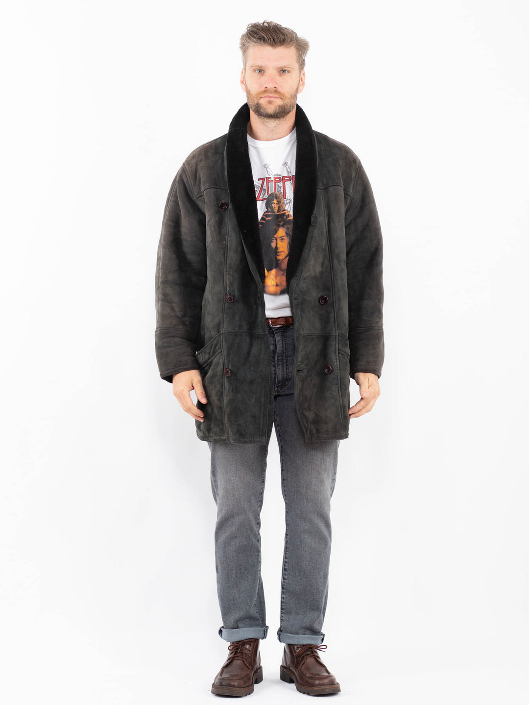 Vintage 80's Men Sheepskin Coat in GrayZ2257