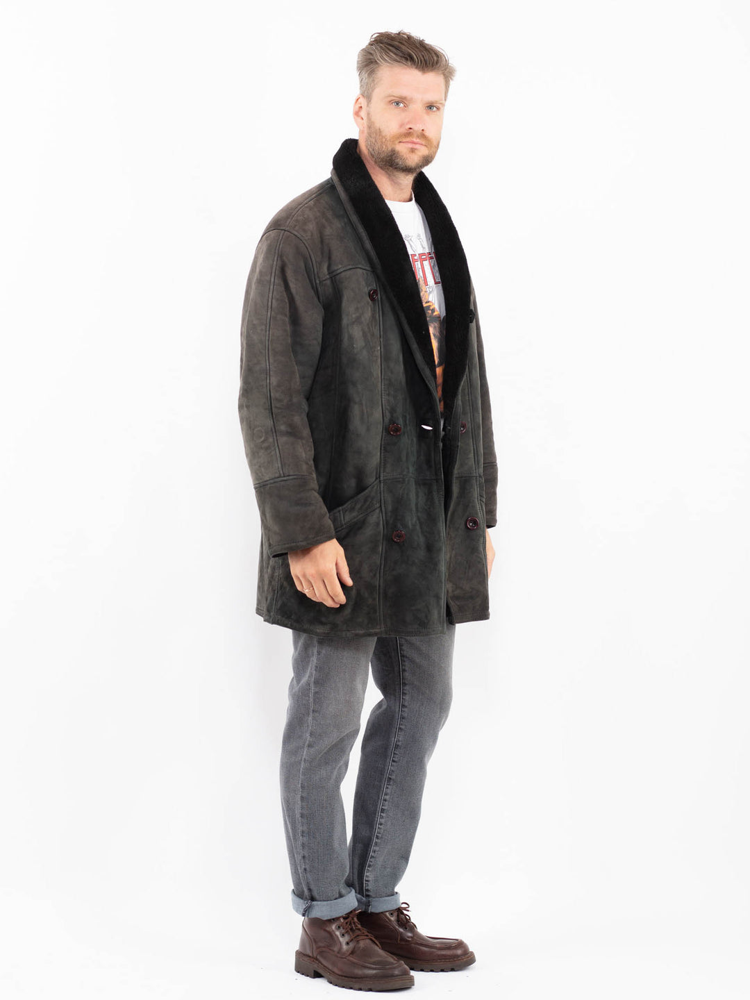 Vintage 80's Men Sheepskin Coat in GrayZ2257