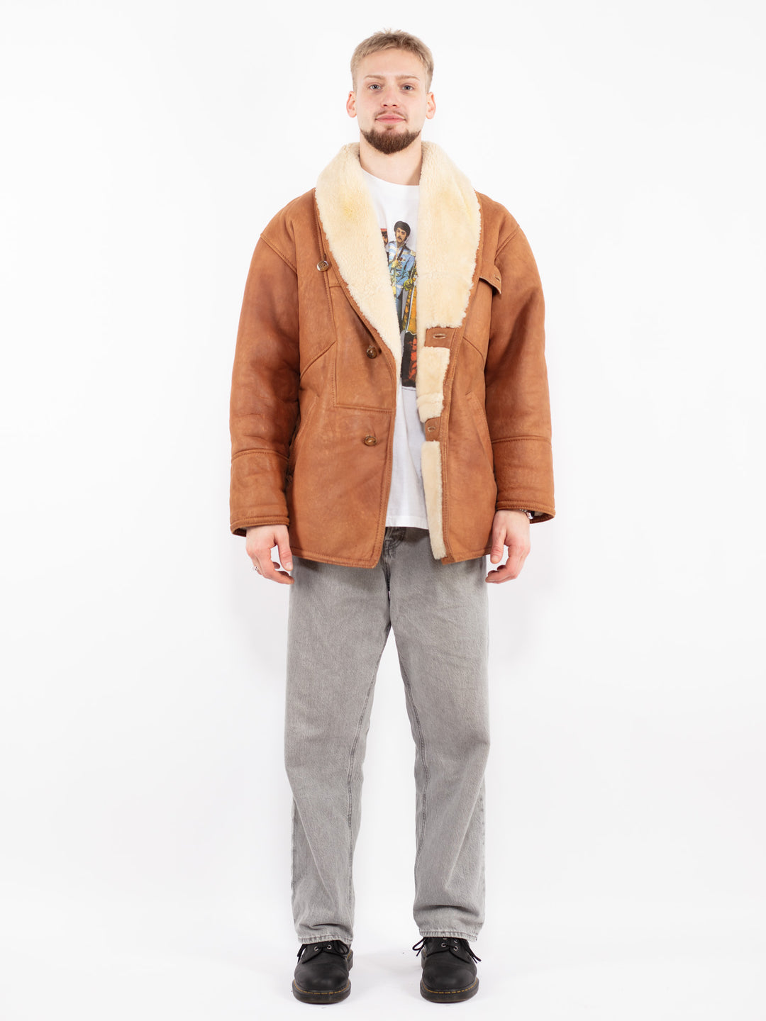 Vintage 80's Men Sheepskin Coat in Brown