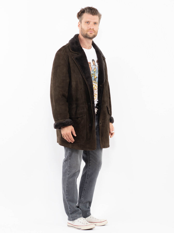 Vintage 80's Men Sheepskin Shearling Coat in BrownZ1921