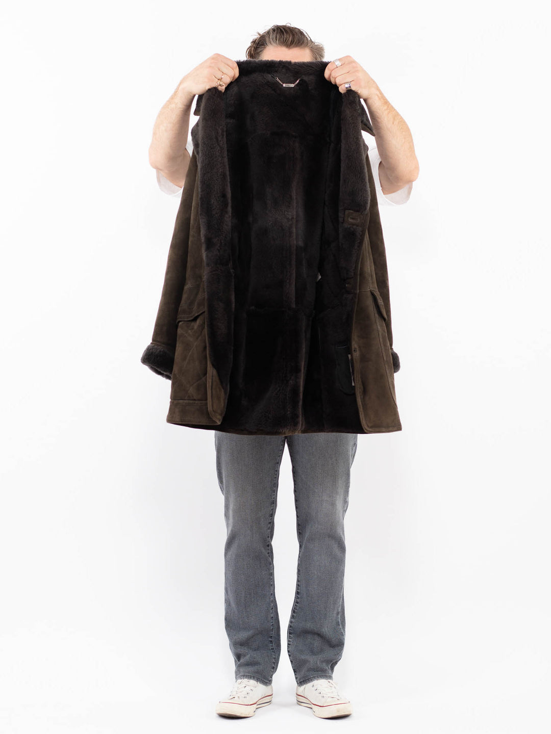 Vintage 80's Men Sheepskin Shearling Coat in BrownZ1921