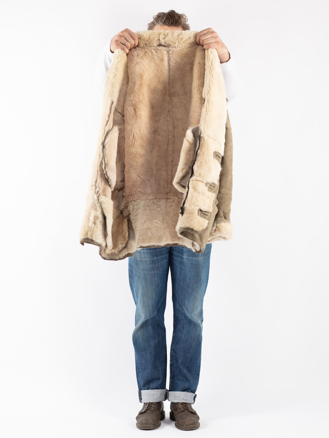 Vintage 80's Men Sheepskin Coat in Beige