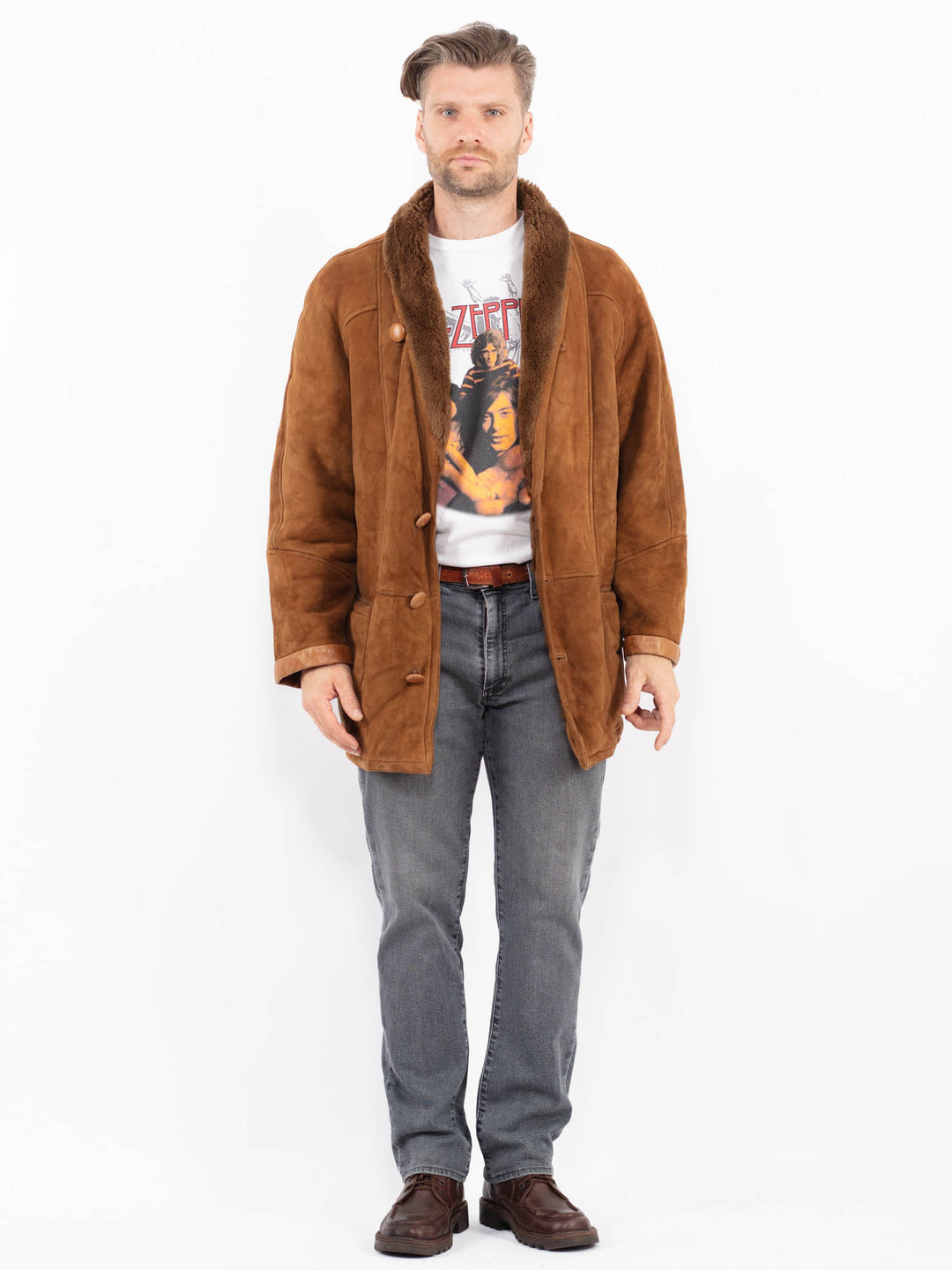 Vintage 80's Men Sheepskin Shearling Coat in BrownZ2085