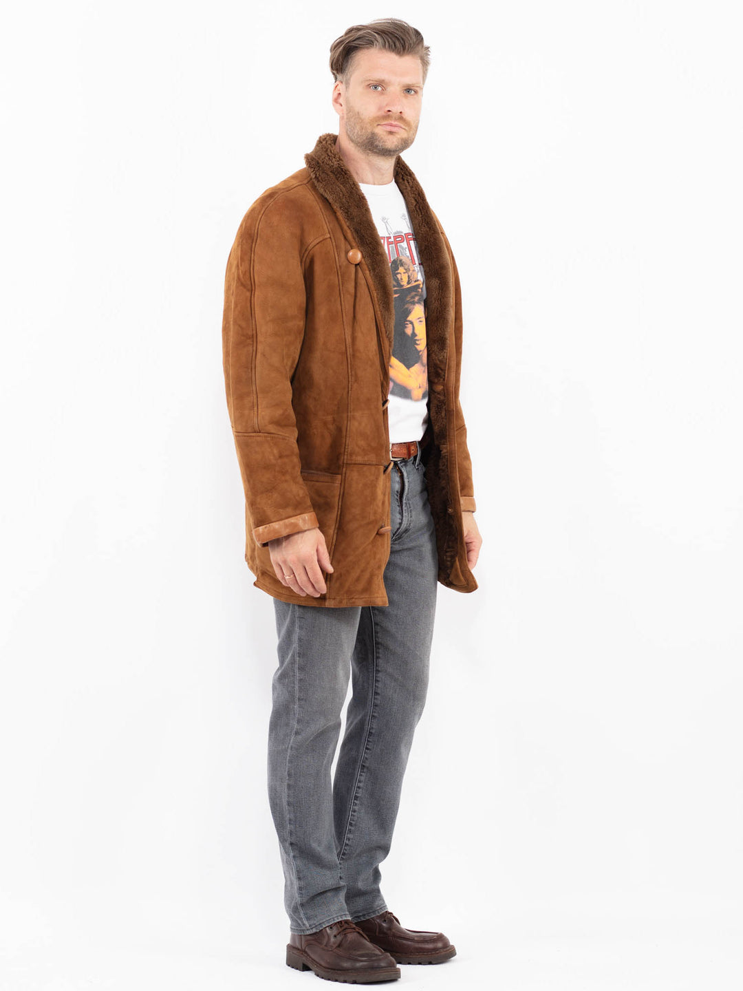 Vintage 80's Men Sheepskin Shearling Coat in BrownZ2085