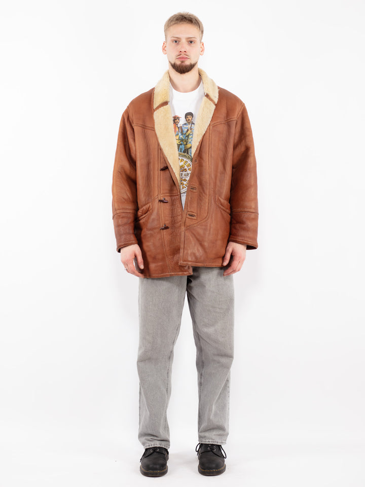 Vintage 80's Men Sheepskin Shearling Coat in Brown