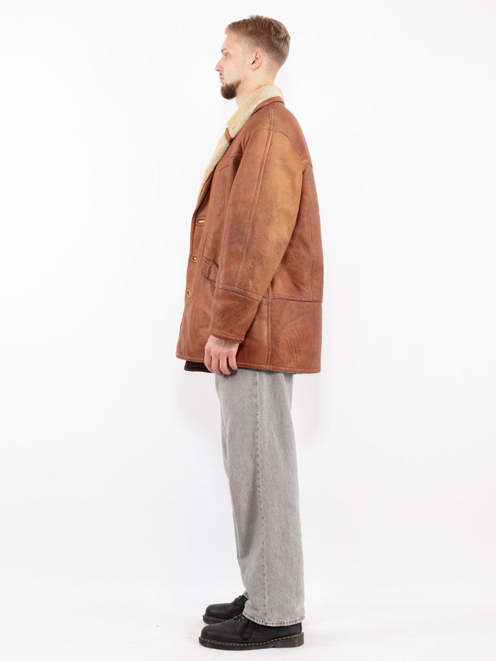Vintage 80's Men Sheepskin Shearling Coat in Brown