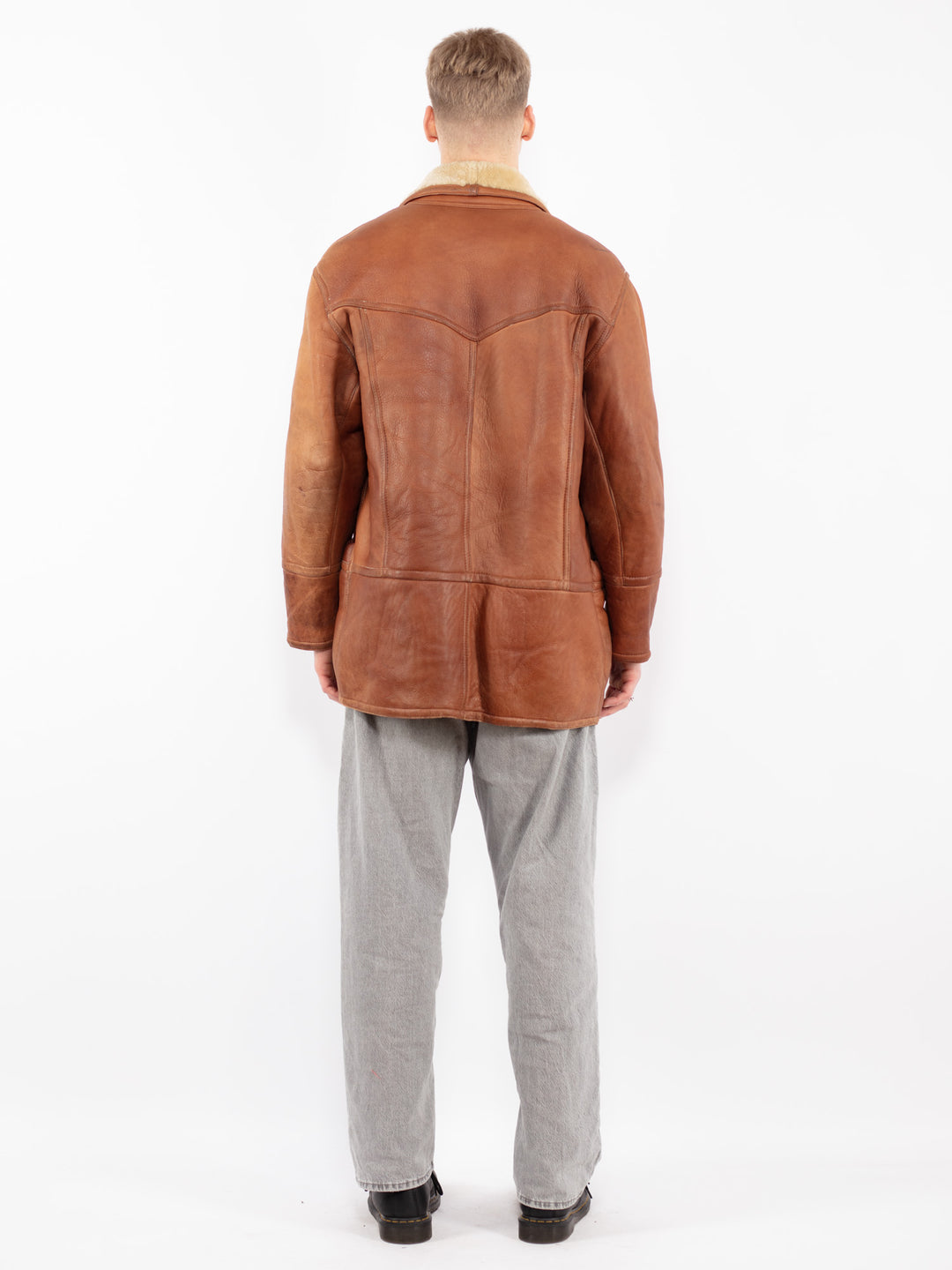 Vintage 80's Men Sheepskin Shearling Coat in Brown