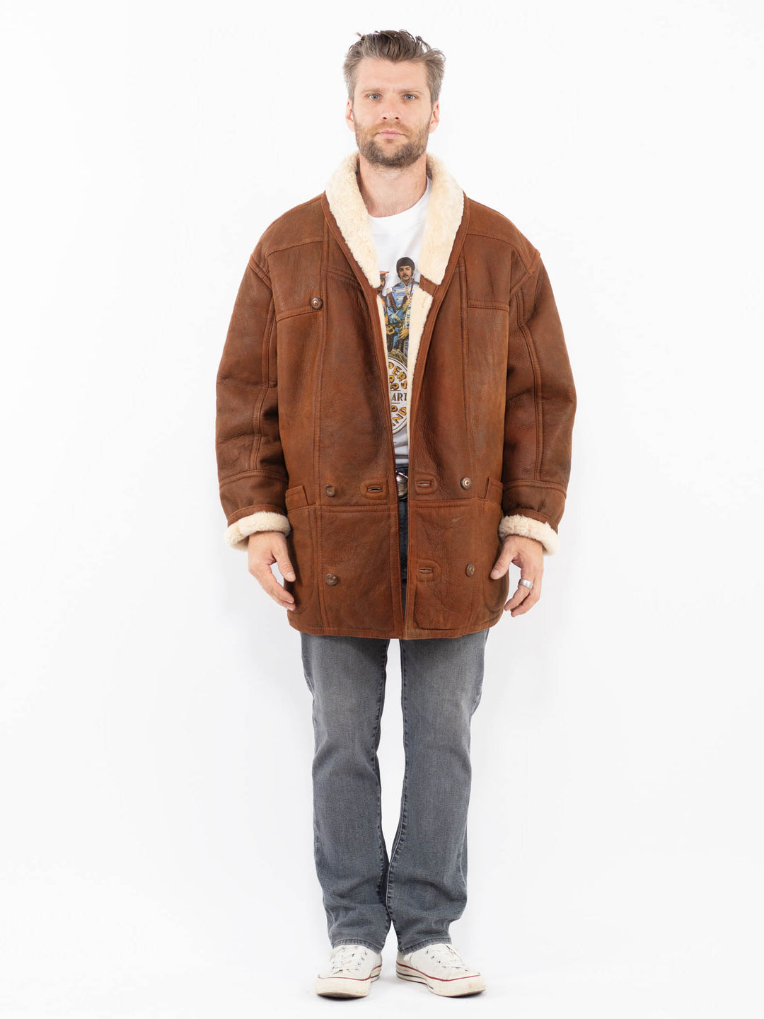 Vintage 80's Men Sheepskin Coat in BrownZ1996