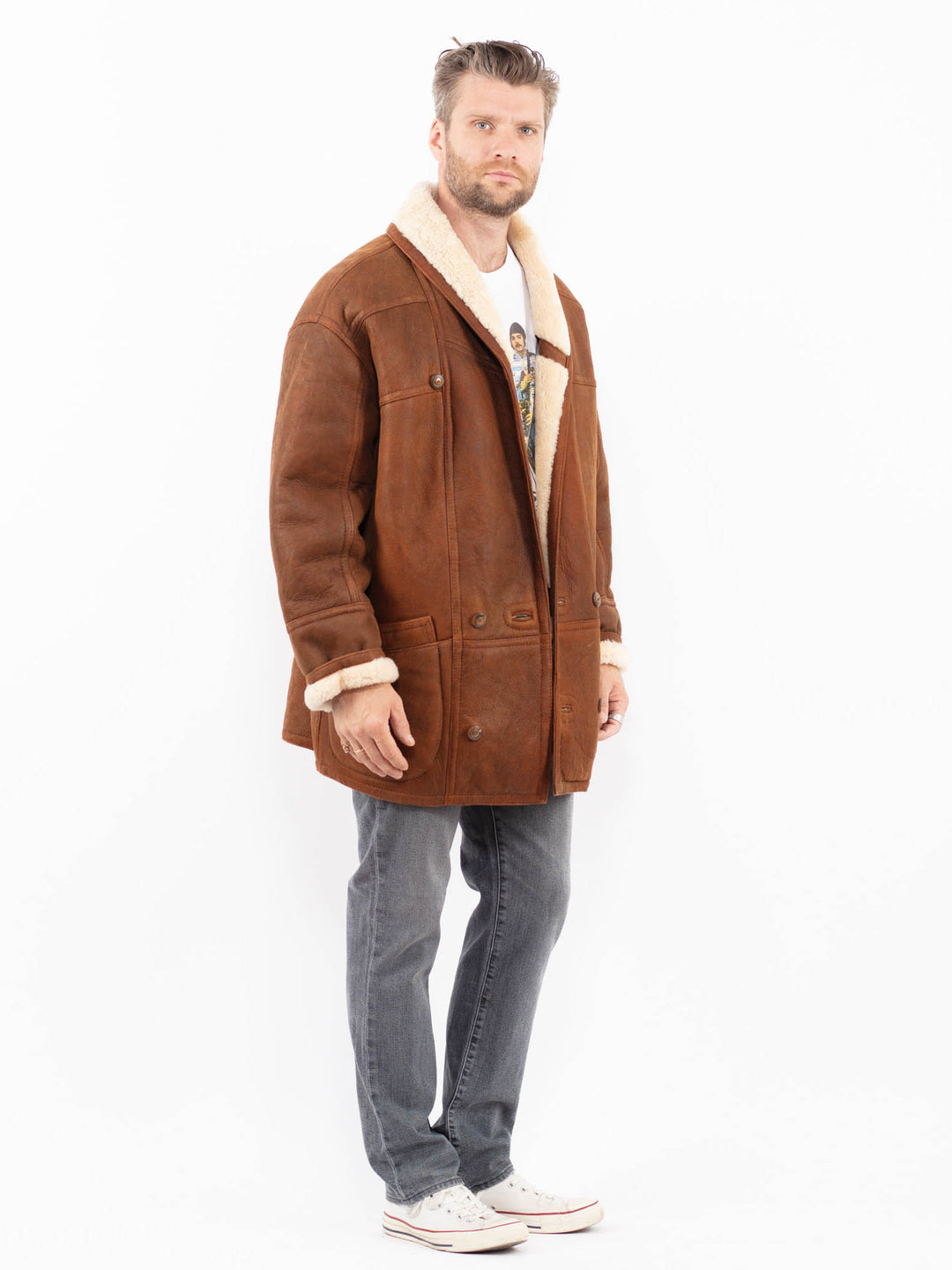 Vintage 80's Men Sheepskin Coat in BrownZ1996