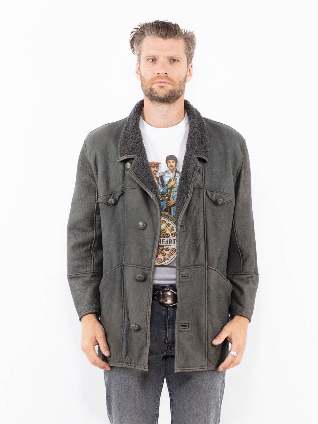 Vintage 80's Men Sheepskin Coat in GrayZ2001